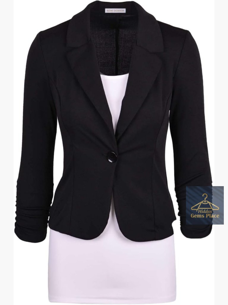 Solid Knit Blazer Single Button 3/4 Sleeve Stretch Casual Work